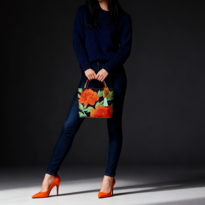Vintage Fukuro Obi Mini Tote Bag — Orange Peony on Deep Navy Silk