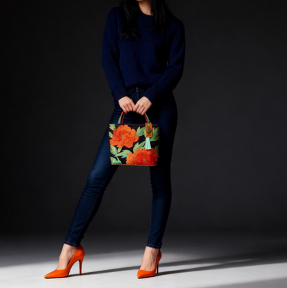 Vintage Fukuro Obi Mini Tote Bag — Orange Peony on Deep Navy Silk