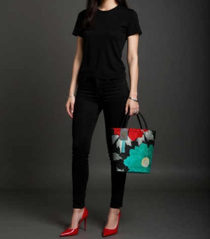 Vintage Fukuro Obi Mini Tote Bag — Mint & Silver Peony on Black Silk