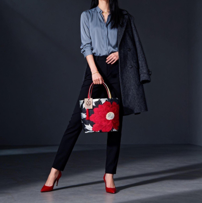 Vintage Fukuro Obi Mini Tote Bag — Red & Silver Peony on Black Silk