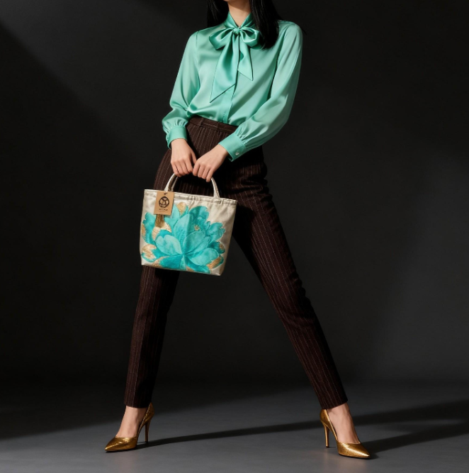 Vintage Fukuro Obi Mini Tote Bag — Emerald & Gold Peony on Silver Silk
