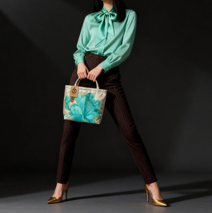 Vintage Fukuro Obi Mini Tote Bag — Emerald & Gold Peony on Silver Silk