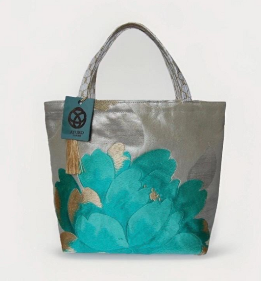Vintage Fukuro Obi Mini Tote Bag — Emerald & Gold Peony on Silver Silk
