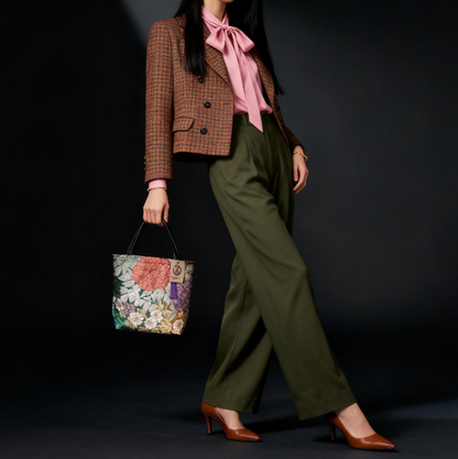 Vintage Fukuro Obi Mini Tote Bag — Peony in Gold & Matcha Green Silk