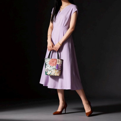 Vintage Fukuro Obi Mini Tote Bag — Peony in Gold & Matcha Green Silk