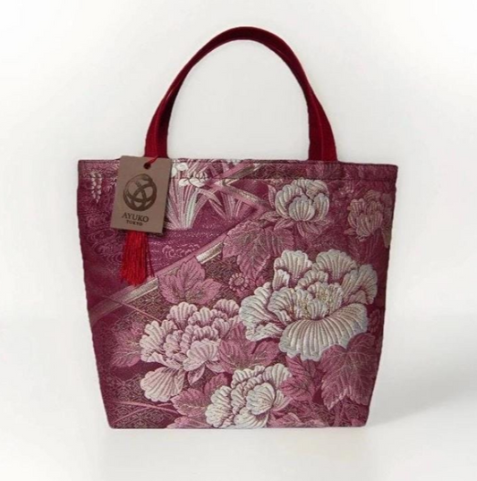 Vintage Fukuro Obi Mini Tote Bag – Burgundy Peony Silk Tote