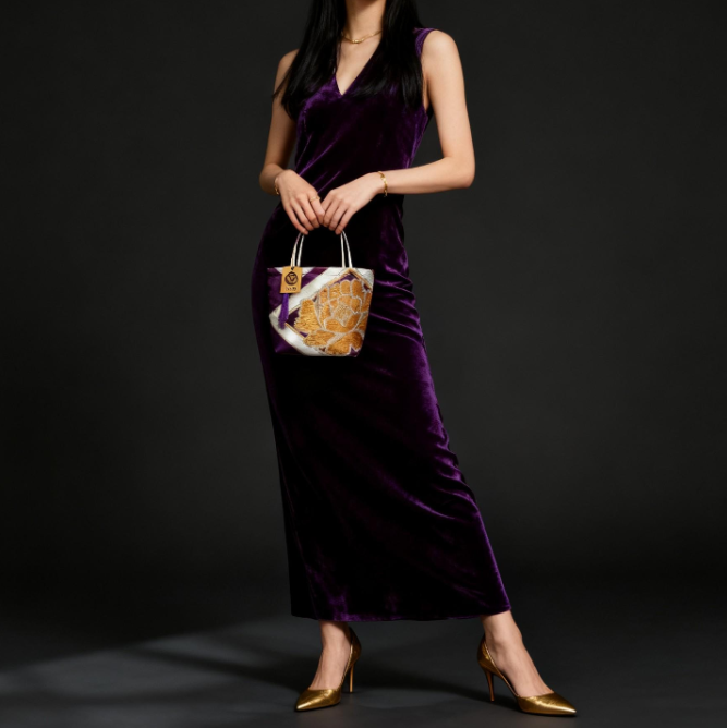 Vintage Fukuro Obi Mini Tote Bag — Gold Peony & Kikkō on Purple Silk