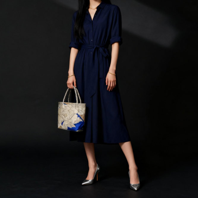 Vintage Silk Fukuro Obi Mini Tote Bag | Peony & Blue Fan Motif