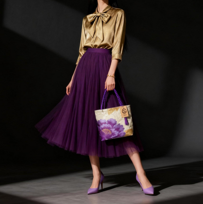 Vintage Fukuro Obi Mini Tote Bag — Purple Peony on Silver-Gold Silk