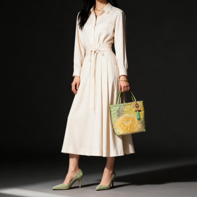 Vintage Fukuro Obi Mini Tote Bag — Branching Peony in Yellow-Green Silk