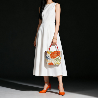 Vintage Fukuro Obi Mini Tote Bag — Orange Floral Motif on Silver Silk