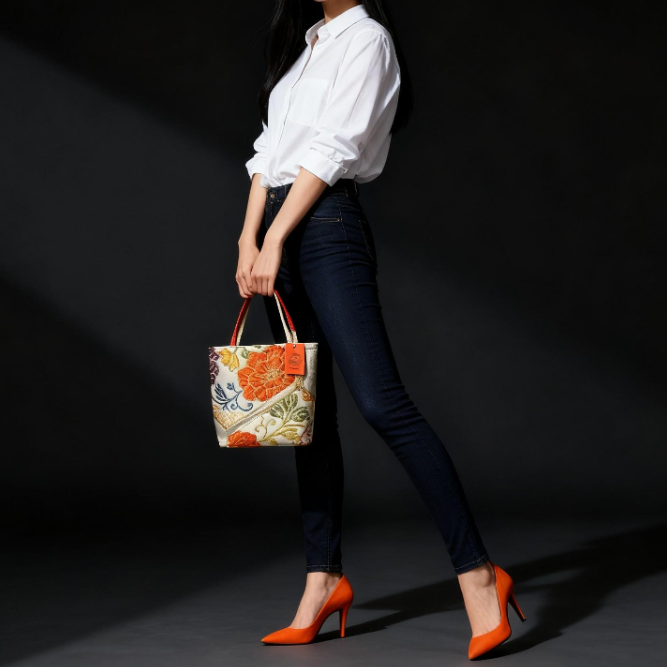 Vintage Fukuro Obi Mini Tote Bag — Orange Floral Motif on Silver Silk
