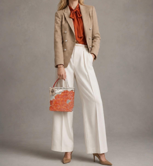 Vintage Fukuro Obi Mini Tote Bag — Orange Peony on Silver Silk