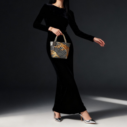Vintage Fukuro Obi Mini Tote Bag — Gold Standing Wave on Black & Silver Silk