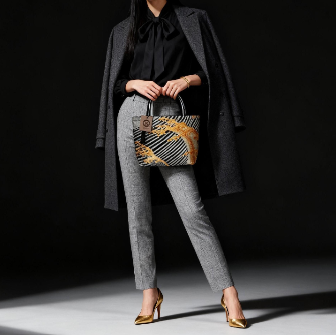Vintage Fukuro Obi Mini Tote Bag — Gold Standing Wave on Black & Silver Silk