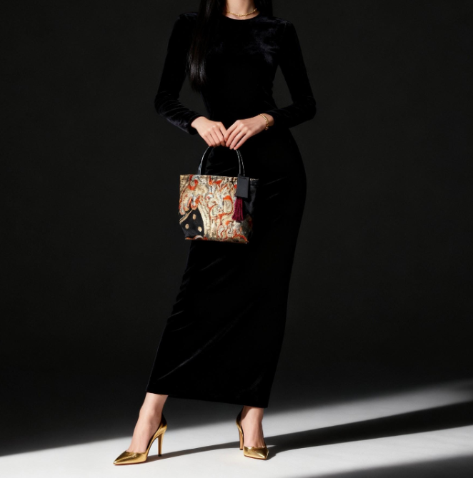 Vintage Fukuro Obi Mini Tote Bag — Gold & Silver Standing Wave on Black Silk