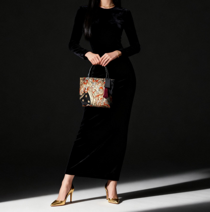 Vintage Fukuro Obi Mini Tote Bag — Gold & Silver Standing Wave on Black Silk