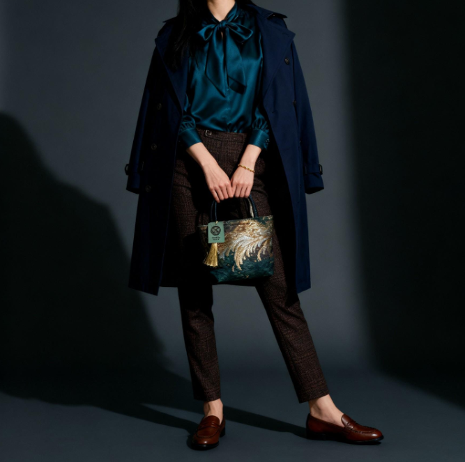Vintage Fukuro Obi Mini Tote Bag — Emerald & Gold Tatsu-Nami Wave on Silk