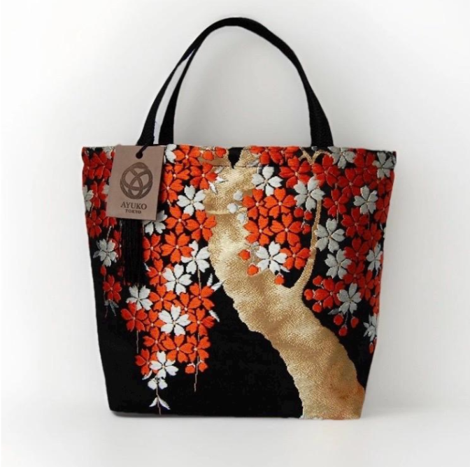 Vintage Fukuro Obi Mini Tote Bag — Vermilion Shidare-Zakura on Black Silk