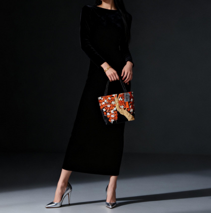Vintage Fukuro Obi Mini Tote Bag — Vermilion Shidare-Zakura on Black Silk