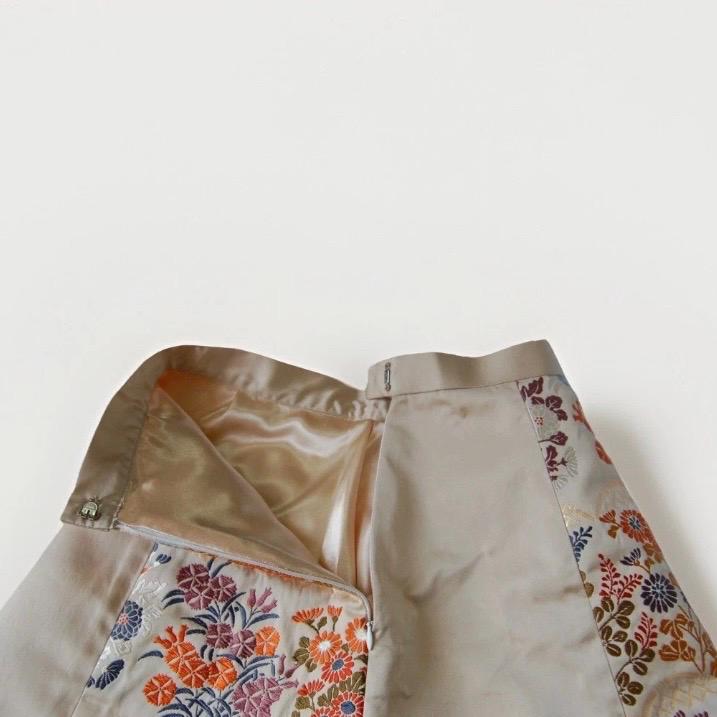 Vintage Obi Silk Mini Skirt in Beige with Floral Motifs