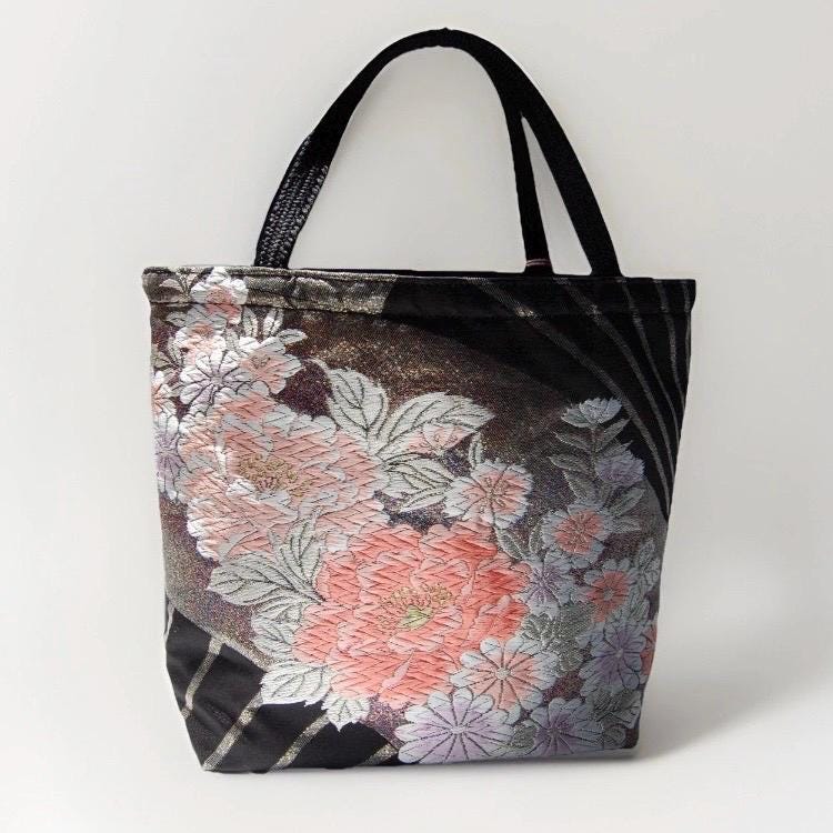 Vintage Fukuro Obi Mini Tote Bag — Peony & Fan Motif on Black Silk