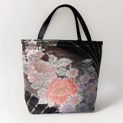 Vintage Fukuro Obi Mini Tote Bag — Peony & Fan Motif on Black Silk