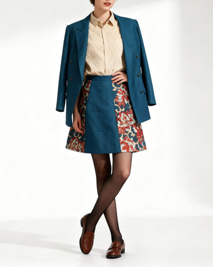 Vintage Obi A-Line Mini Skirt in Teal Orange Ran-giku