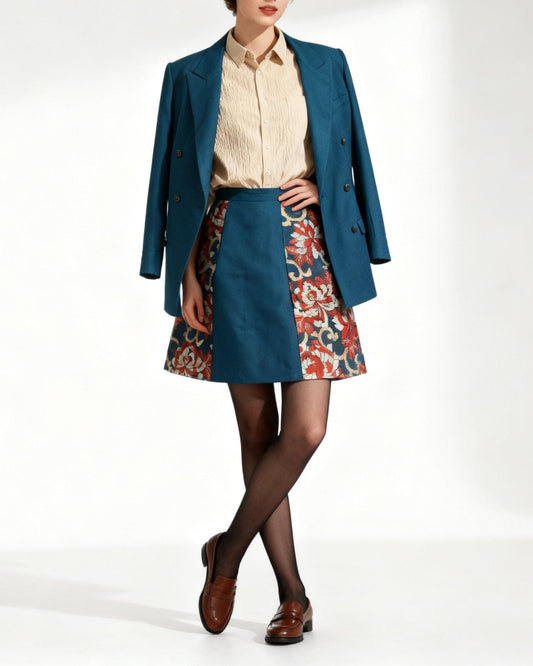 Vintage Obi A-Line Mini Skirt in Teal Orange Ran-giku