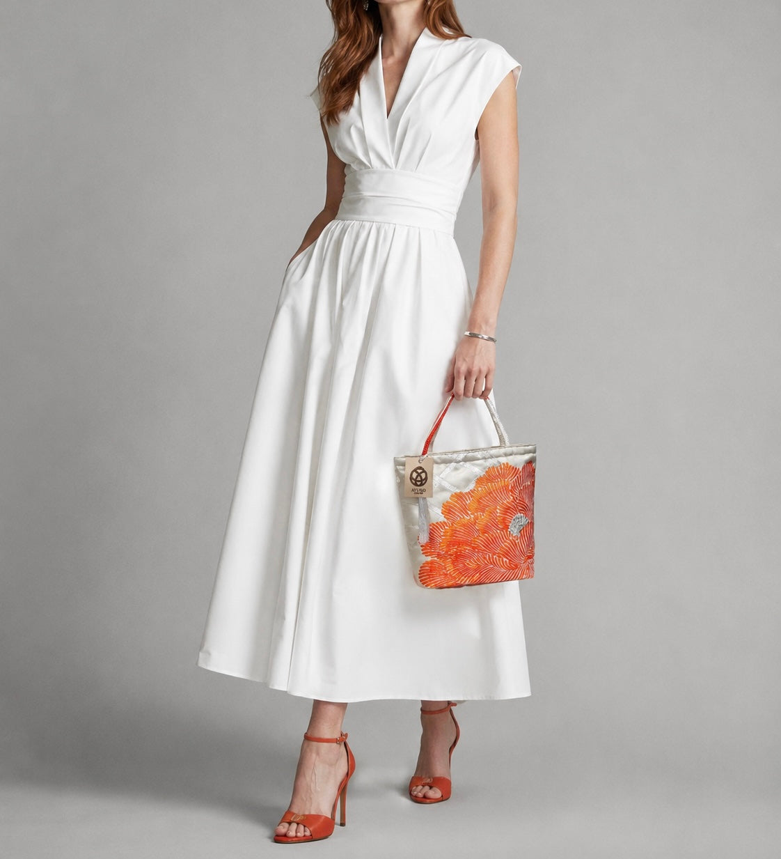 Vintage Fukuro Obi Mini Tote Bag — Orange Peony on Silver Silk