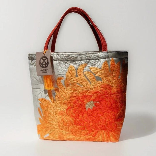 Rangiku 乱菊 Chrysanthemum Vintage Obi Silk Tote in Orange Silver