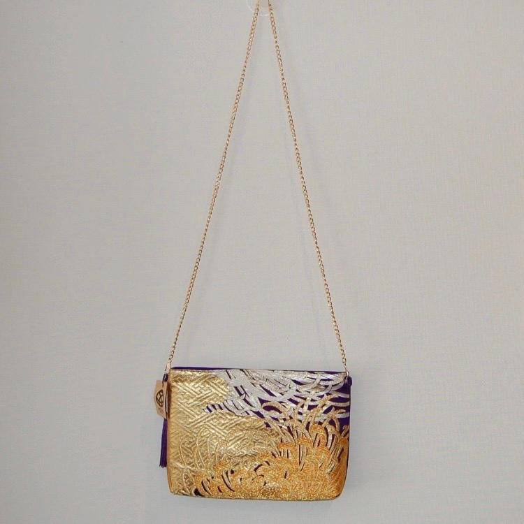 Vintage Fukuro Obi Shoulder Bag — Gold Ran-Giku Chrysanthemum on Purple Silk