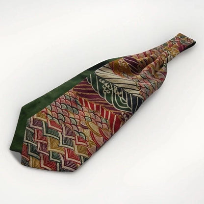 Vintage Obi Silk Cravat — Multicolor Arrow Feather & Wave Motifs 矢羽根立波文