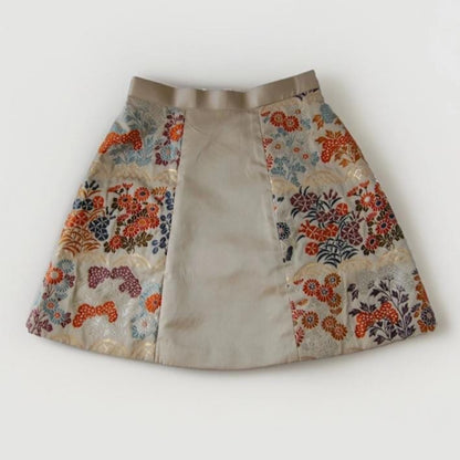 Vintage Obi Silk Mini Skirt in Beige with Floral Motifs