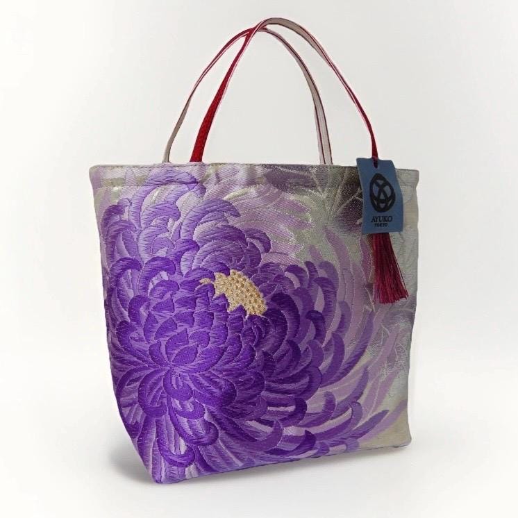 Rangiku 乱菊 Chrysanthemum Vintage Obi Silk Tote in Purple Silver