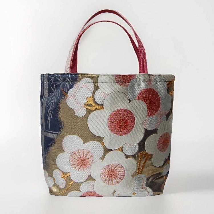 Vintage Fukuro Obi Mini Tote Bag — White & Pink Plum Blossom on Navy Silk