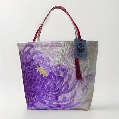 Rangiku 乱菊 Chrysanthemum Vintage Obi Silk Tote in Purple Silver