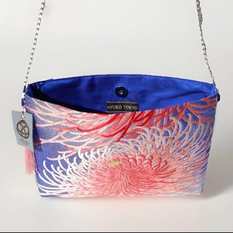 Vintage Fukuro Obi Shoulder Bag — Pink Ran-Giku Chrysanthemum on Blue Silk