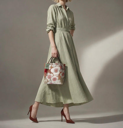 Vintage Fukuro Obi Mini Tote Bag — White & Pink Plum Blossom on Matcha Green Silk