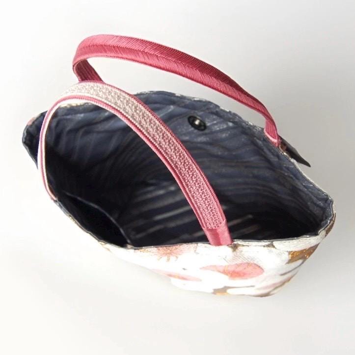 Vintage Fukuro Obi Mini Tote Bag — White & Pink Plum Blossom on Navy Silk