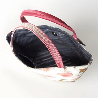 Vintage Fukuro Obi Mini Tote Bag — White & Pink Plum Blossom on Navy Silk