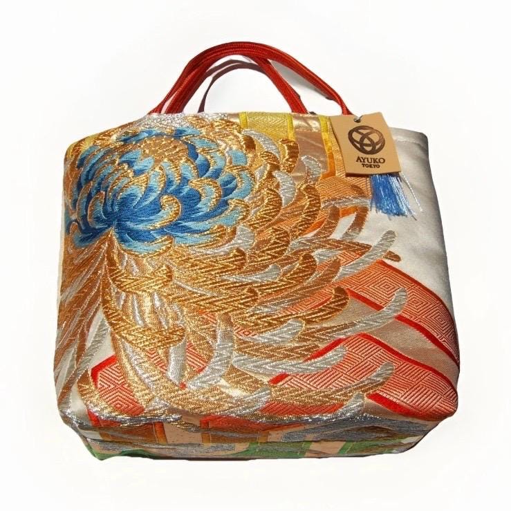 Two-Sided Rangiku 乱菊 Vintage Obi Silk Tote in Purple White Silver
