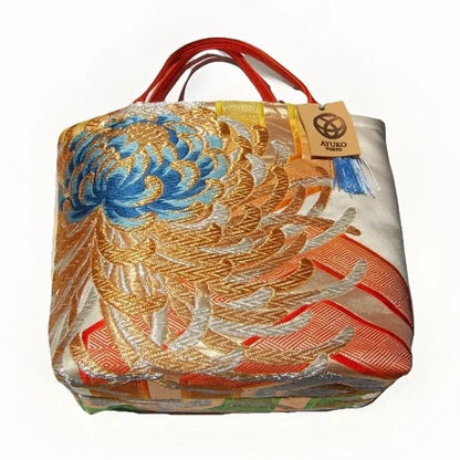 Two-Sided Rangiku 乱菊 Vintage Obi Silk Tote in Purple White Silver