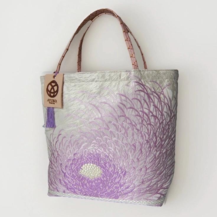 Rangiku 乱菊 Chrysanthemum Vintage Obi Silk Tote in Lilac Silver