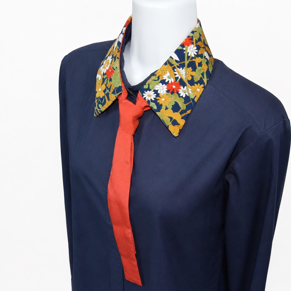 Vintage Kimono Silk Detachable Collar Tie — Navy Floral with Orange Accent