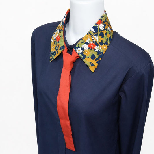 Vintage Kimono Silk Detachable Collar Tie — Navy Floral with Orange Accent