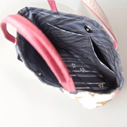 Vintage Fukuro Obi Mini Tote Bag — White & Pink Plum Blossom on Navy Silk