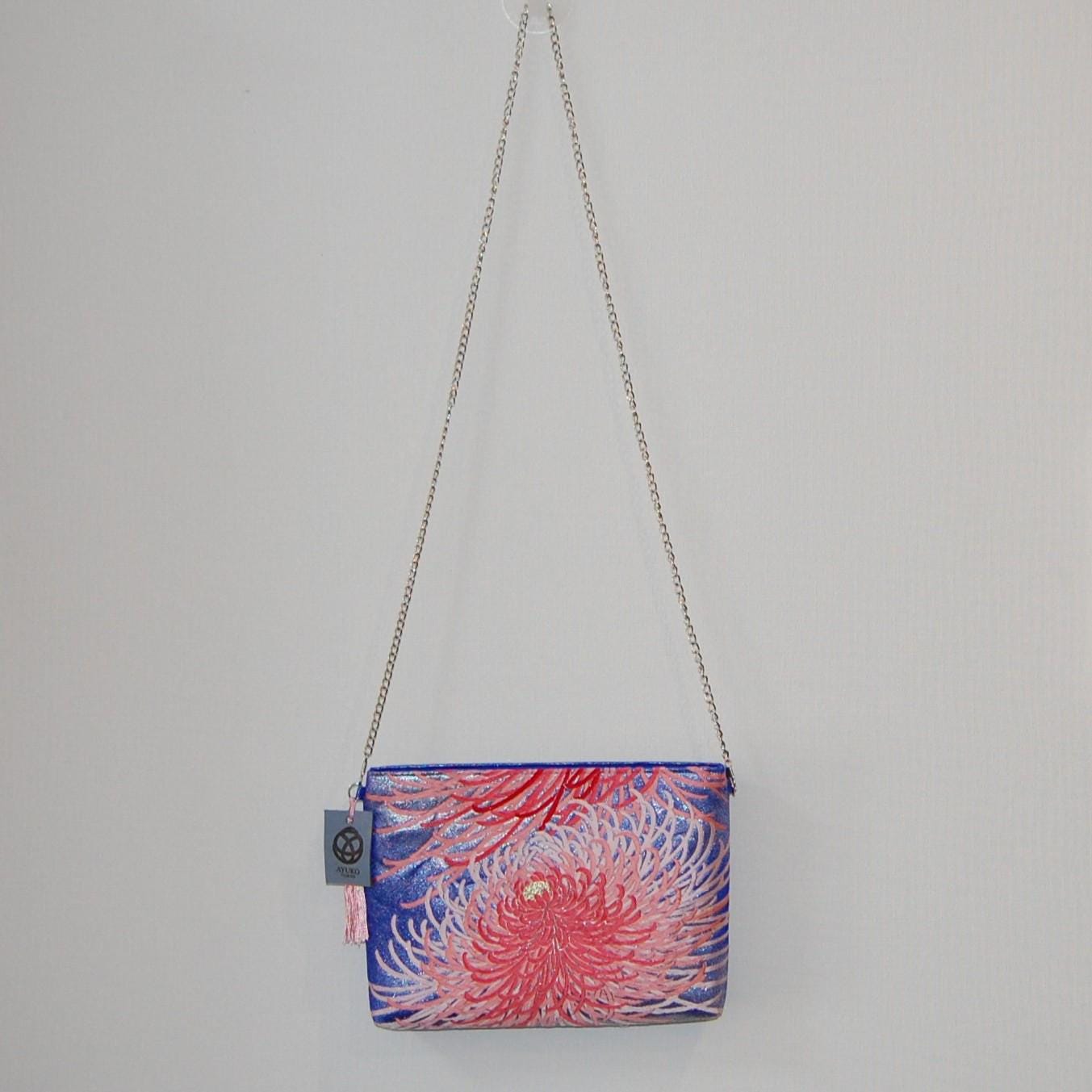 Vintage Fukuro Obi Shoulder Bag — Pink Ran-Giku Chrysanthemum on Blue Silk