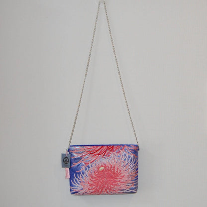 Vintage Fukuro Obi Shoulder Bag — Pink Ran-Giku Chrysanthemum on Blue Silk