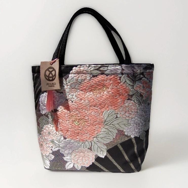 Vintage Fukuro Obi Mini Tote Bag — Peony & Fan Motif on Black Silk